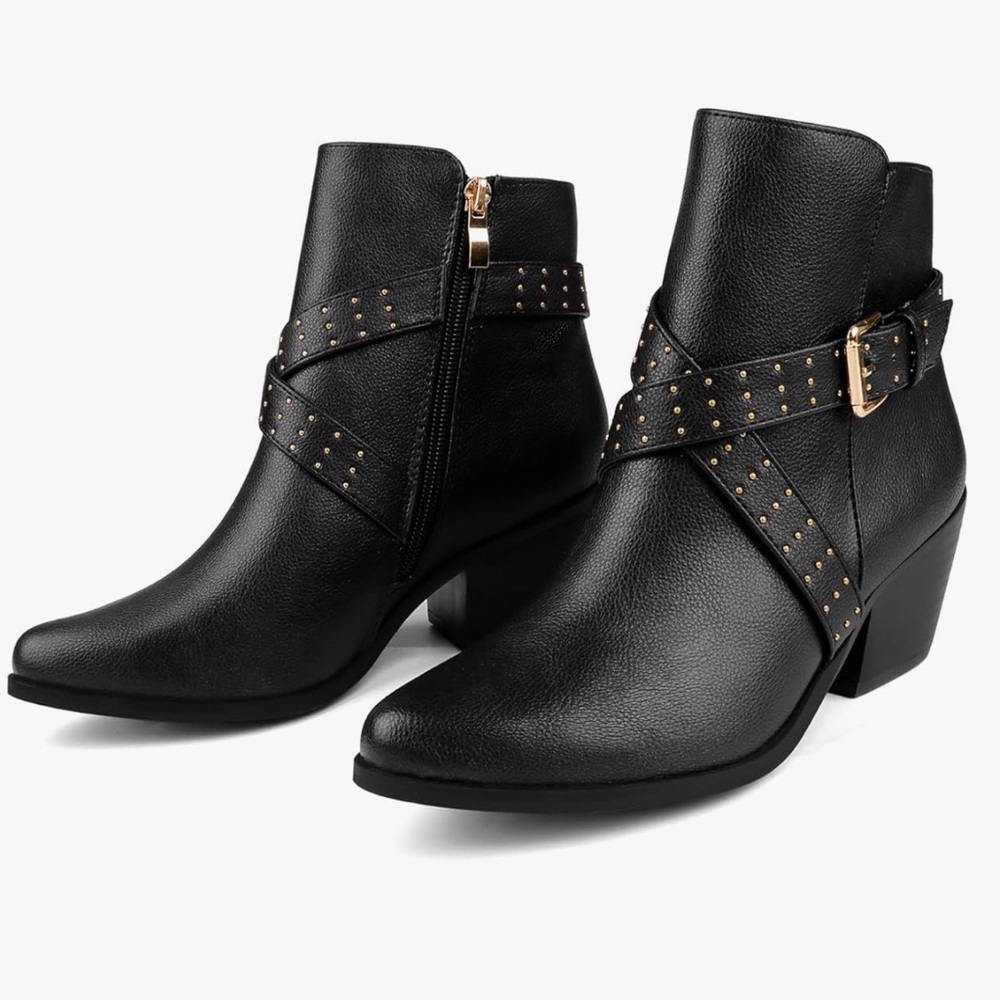 Studded Black Ankle Booties with Buckle Detail